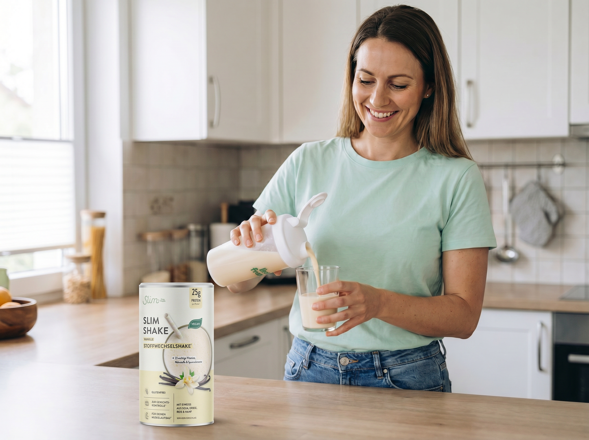 Frau bereitet in einer hellen Küche einen LiveFresh Slim Stoffwechselshake zu und gießt den Shake aus einem Shaker in ein Glas. Daneben steht die Dose Slim Shake Vanille mit 24 g Protein und veganer Rezeptur.