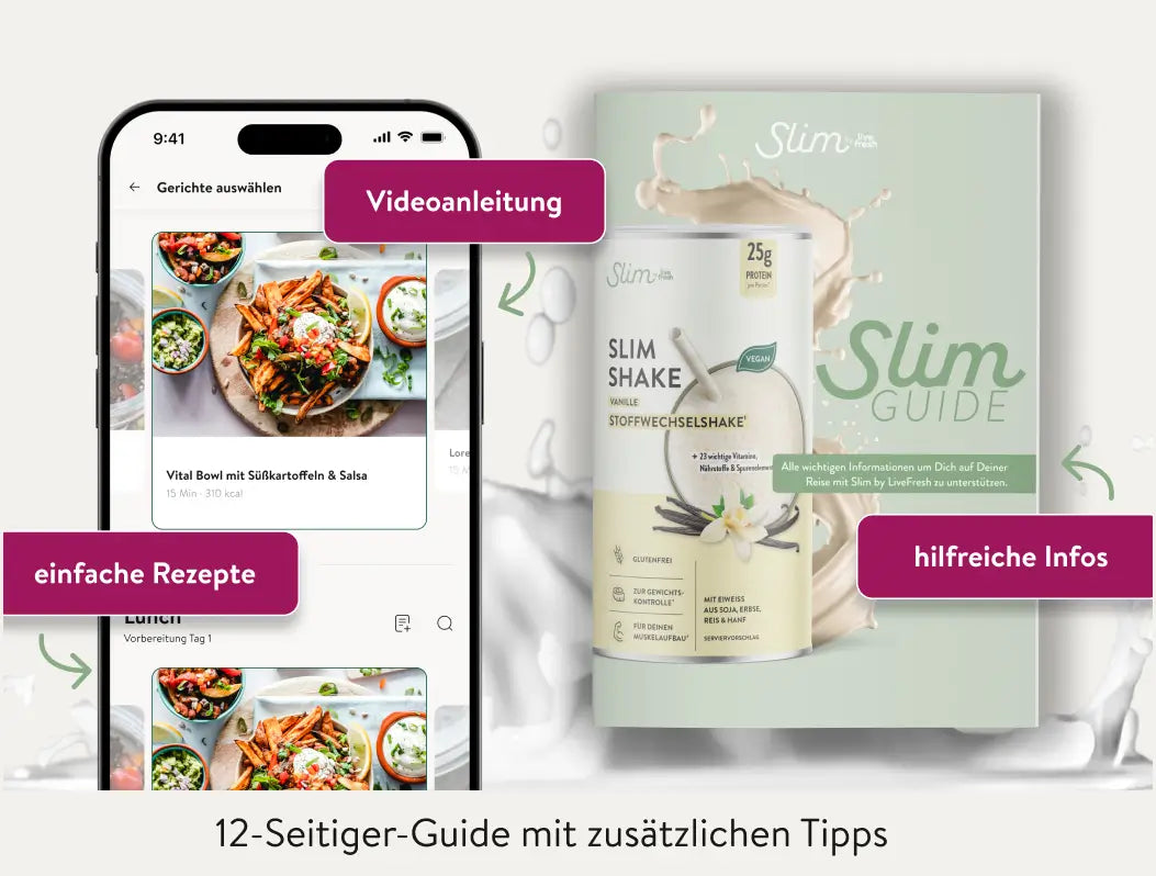 Grafik zu Slim by LiveFresh mit Smartphone App für einfache Rezepte Videoanleitung und daneben der Slim Guide mit Hintergrund Info. darauf ist der Vanille Shake mit 24g Protein und veganem Siegel abgebildet