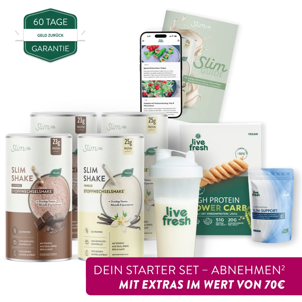 Slim Shake Abnehmen Starter Set: zeigt mehrere Shake Dosen, einen Shaker, Proteinpulver, Slim Guide und eine App Ansicht. Links steht „Geld-zurück Garantie“ und unten „Dein Starter Set – Abnehmen² mit Extras im Wert von 70€“ als Angebot für ein Abnehmen Set mit Slim Shake.