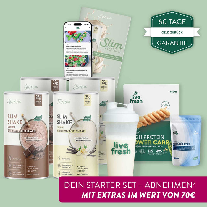 Mehrere Dosen „Slim Shake Stoffwechselshake“ in Schoko und Vanille stehen vor einem grünen Hintergrund neben einem Shaker, Proteinpulver, Slim Guide und einer App Anzeige. Links steht „Geld-zurück Garantie“ und unten „Dein Starter Set – Abnehmen² mit Extras im Wert von 70€“ und zeigt ein Set zum Abnehmen mit Slim Shake.